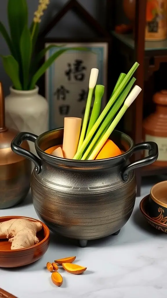 A simmering pot with ginger, lemongrass, and other aromatic ingredients.