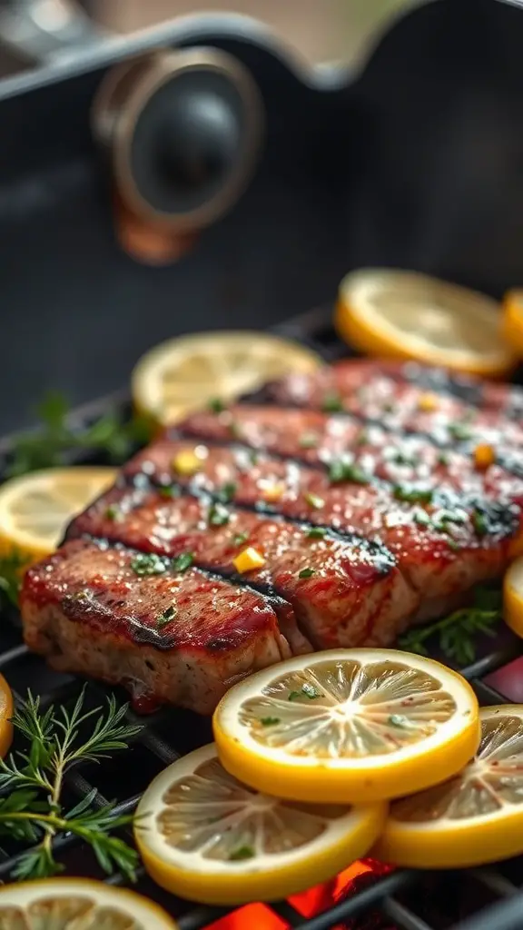 Zesty lemon garlic flank steak on the grill with lemon slices