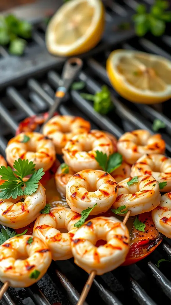 Zesty Lemon Garlic Shrimp Skewers on a grill with fresh herbs and lemon slices