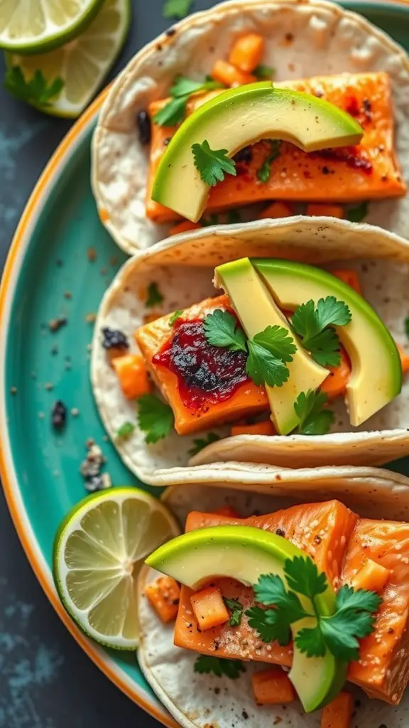 Delicious salmon tacos with avocado and lime