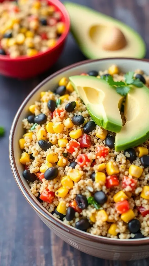 A colorful bowl of southwest quinoa salad with black beans, corn, and diced vegetables.