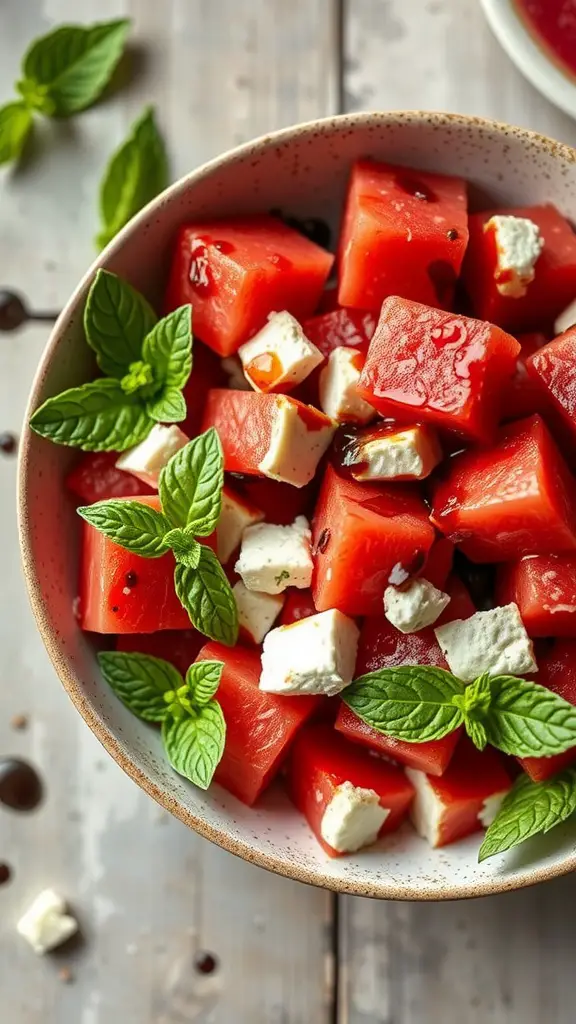 A colorful bowl of watermelon and feta salad garnished with mint leaves.