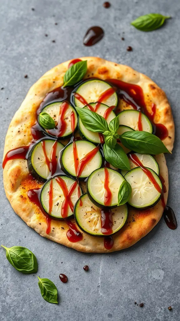 Zucchini and Basil Flatbread topped with fresh basil and sauce.