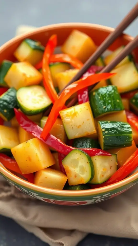 A colorful zucchini and bell pepper stir-fry in a bowl with chopsticks