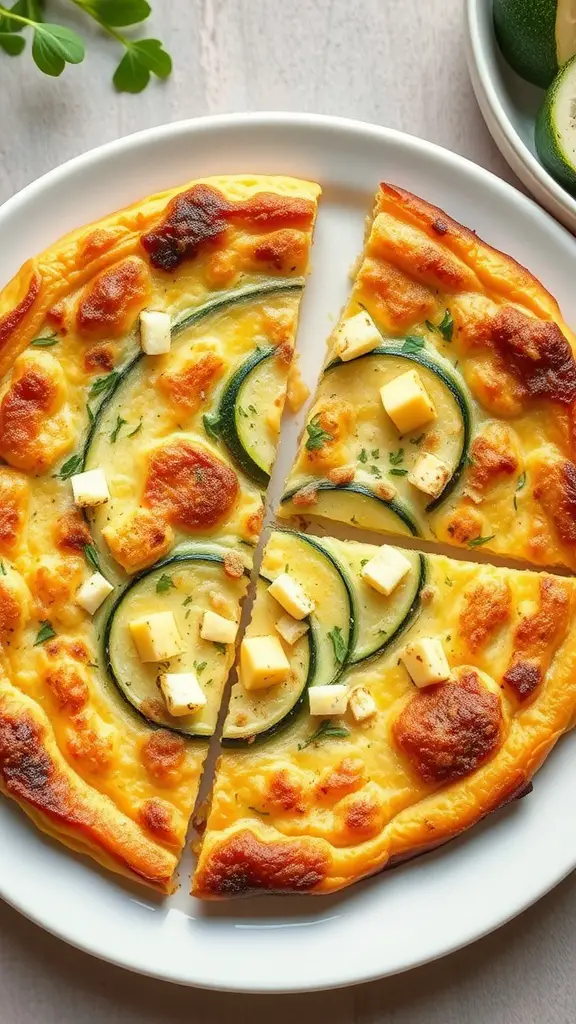 A delicious zucchini and cheese frittata sliced into wedges.