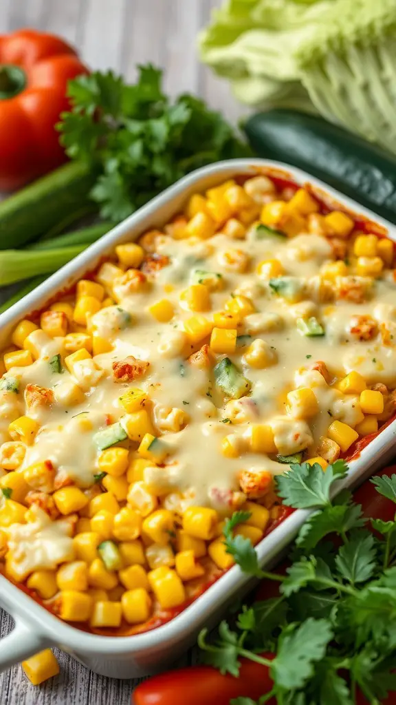A delicious zucchini and corn casserole topped with melted cheese.
