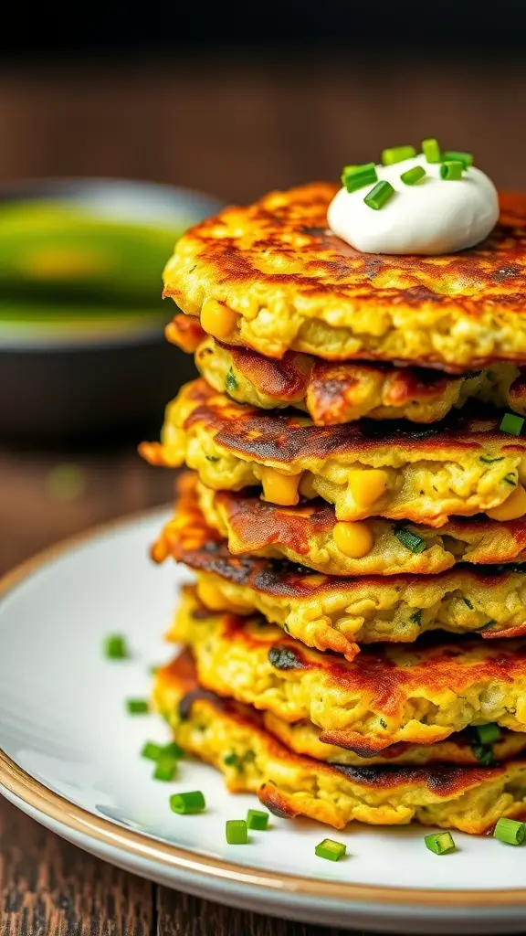 Stack of zucchini and corn fritters garnished with chives and sour cream.