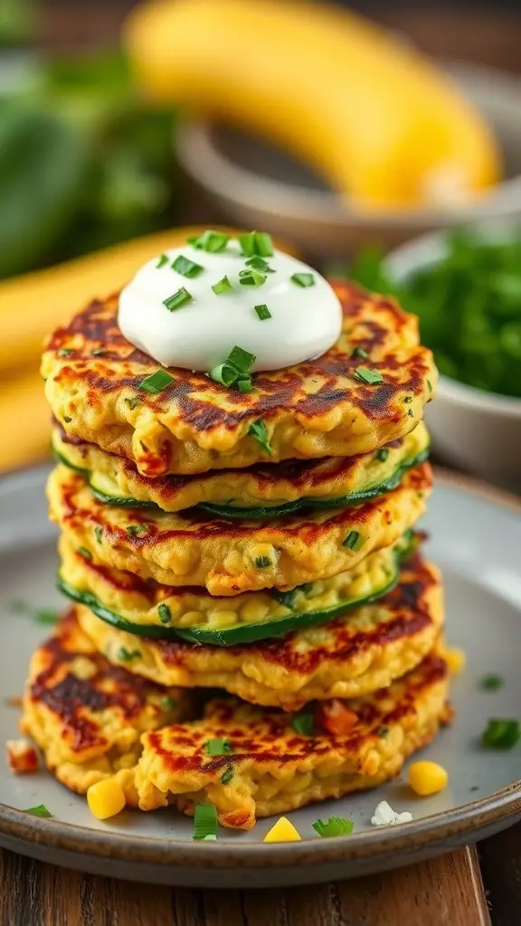 Stack of zucchini and corn fritters garnished with herbs and sour cream.