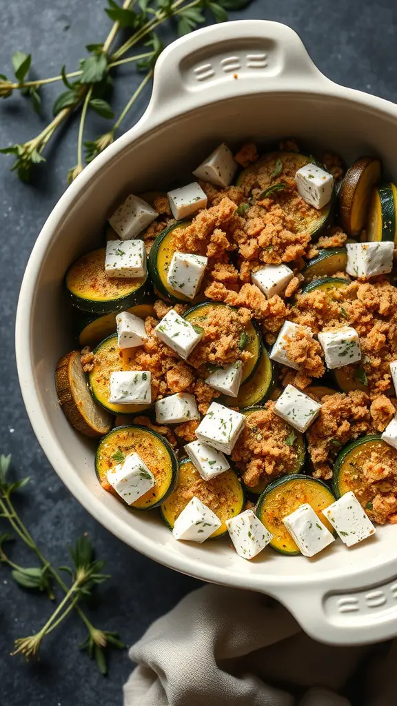 A delicious zucchini and feta bake with a crispy topping.