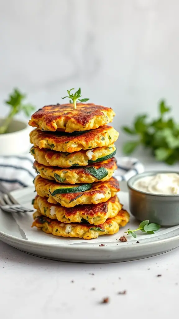 Stack of zucchini and feta fritters served with a dipping sauce.