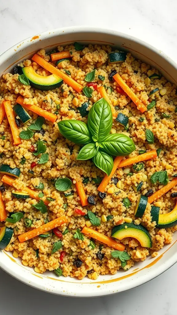 A colorful zucchini and quinoa bake with various vegetables