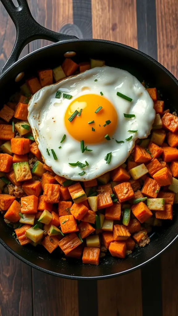 A delicious zucchini and sweet potato hash topped with a fried egg.