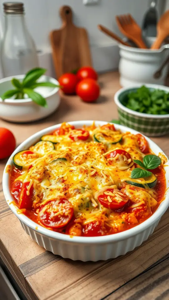 A delicious zucchini and tomato gratin dish topped with melted cheese and fresh herbs.