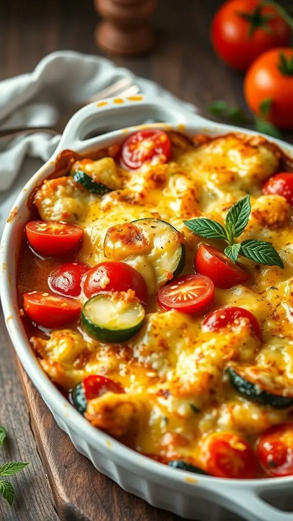 A delicious zucchini and tomato gratin with melted cheese on top.