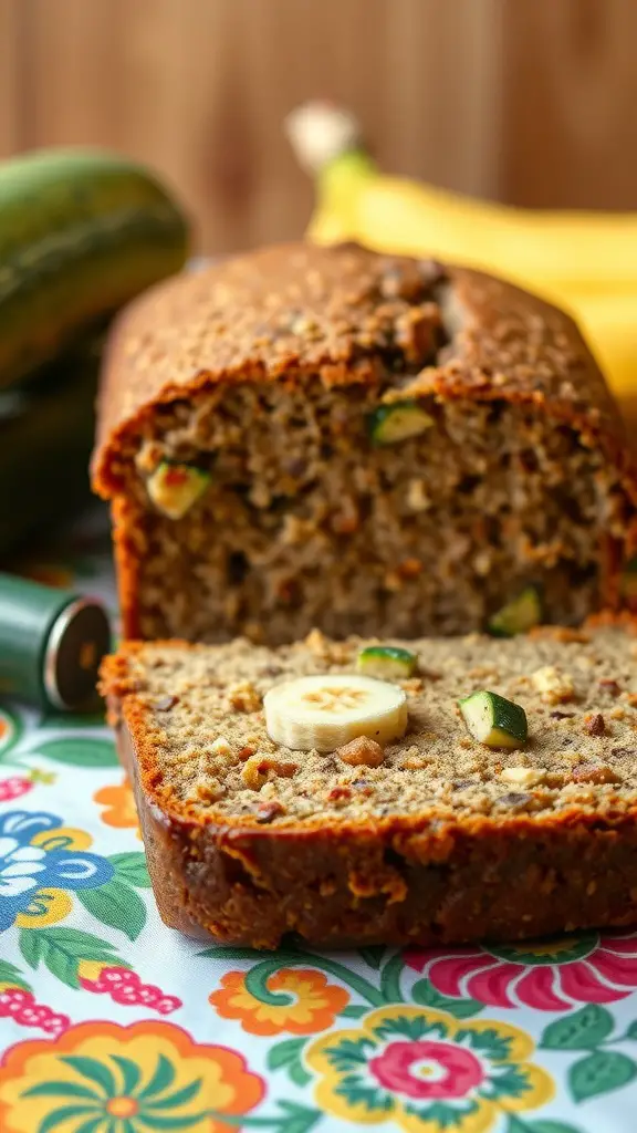 Zucchini banana bread displayed on a colorful tablecloth with zucchini and bananas in the background.