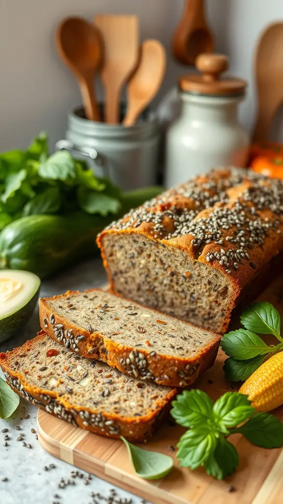 A loaf of zucchini bread with chia seeds, sliced and presented on a wooden board.