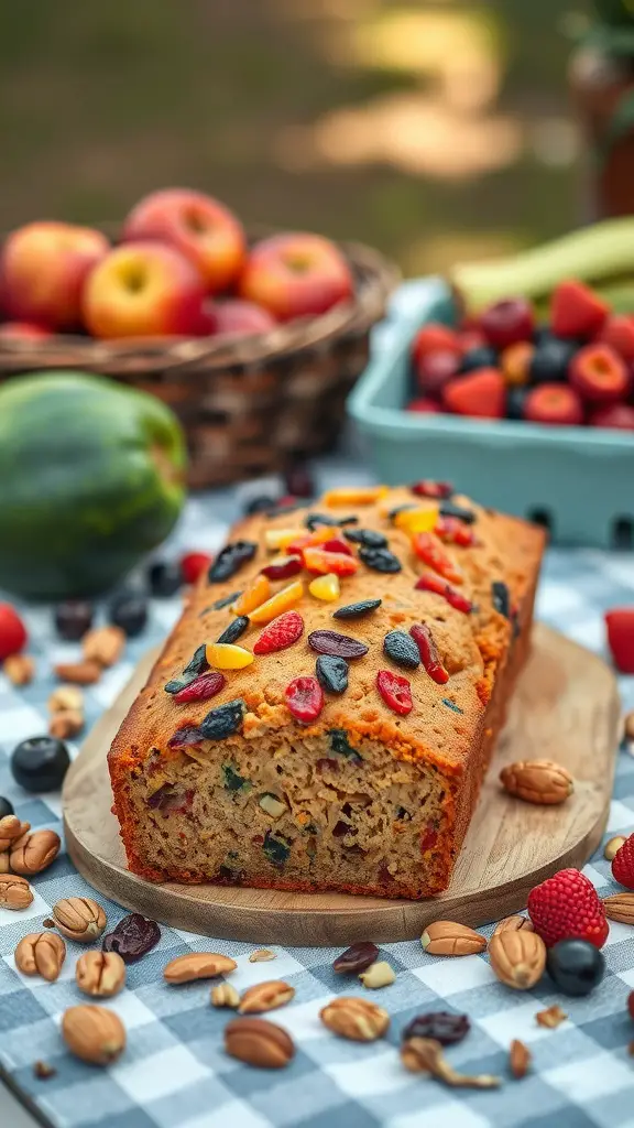 Zucchini bread with mixed dried fruits on a wooden board