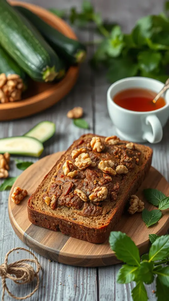 Zucchini bread with walnuts on a wooden board, surrounded by fresh zucchini and walnuts.