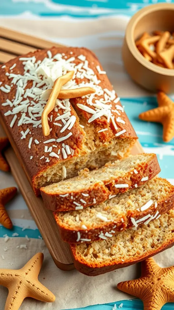 A loaf of freshly baked zucchini coconut bread sliced and ready to serve