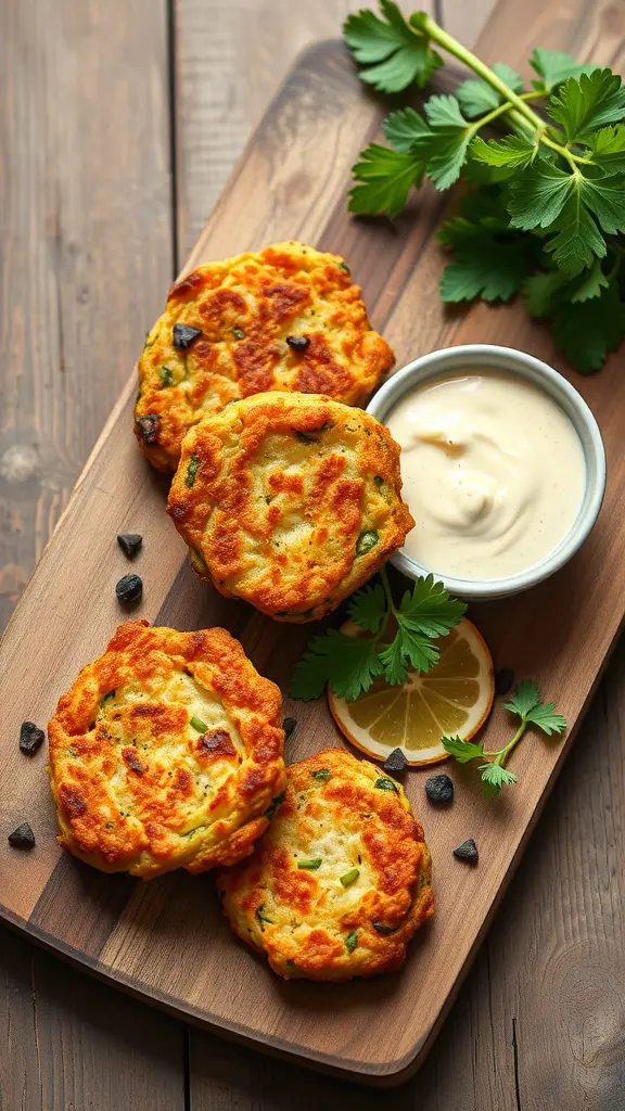 Crispy zucchini fritters served with lemon aioli and fresh herbs