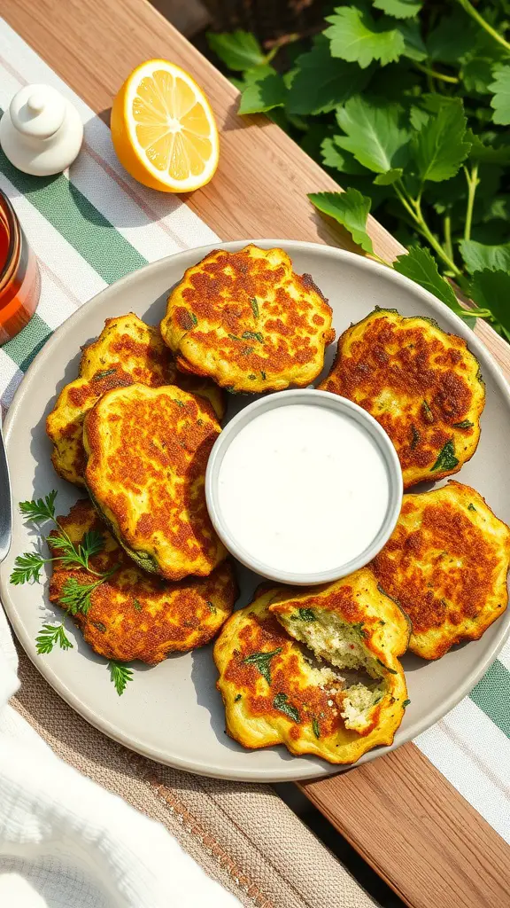 Plate of zucchini fritters served with tzatziki sauce and garnished with parsley.