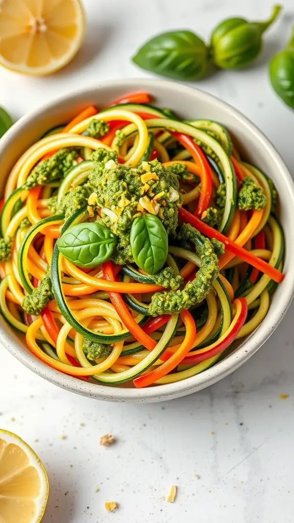 Bowl of zucchini noodles topped with lemon basil pesto and garnished with red bell pepper and fresh basil.