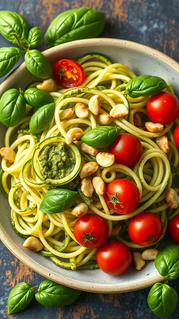 Zucchini noodles tossed with pesto, cherry tomatoes, and garnished with basil leaves.