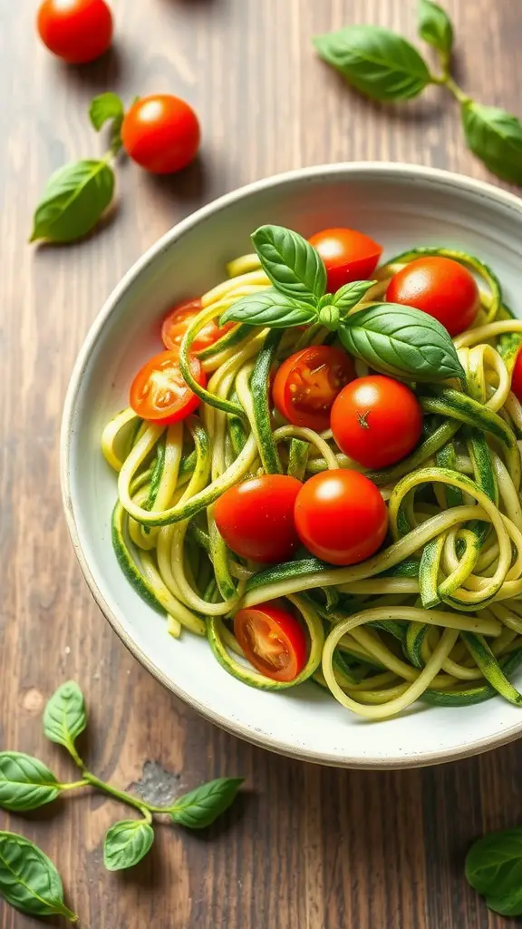 A bowl of zucchini noodles topped with pesto and cherry tomatoes, garnished with fresh basil.