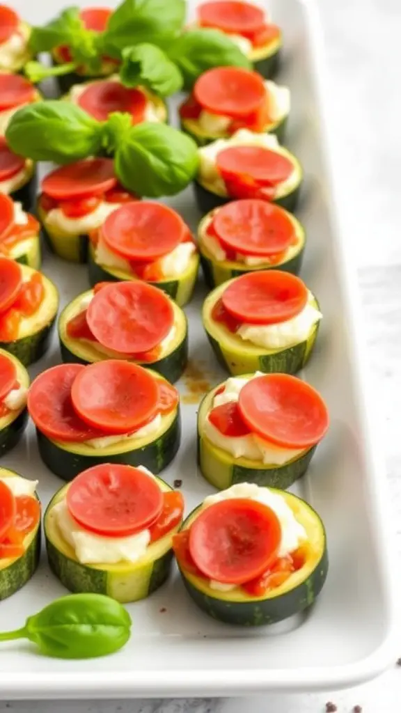 Zucchini pizza bites topped with marinara sauce, cheese, and pepperoni.