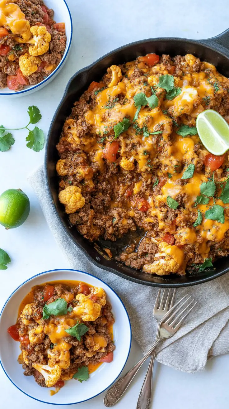 BEST Cauliflower Beef Taco Skillet
